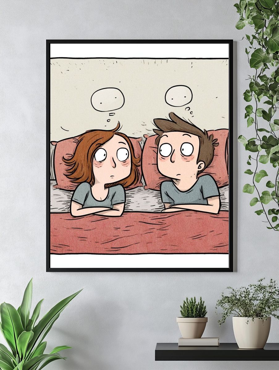 Awkward Couple Bedtime Cartoon Poster. — room view 4