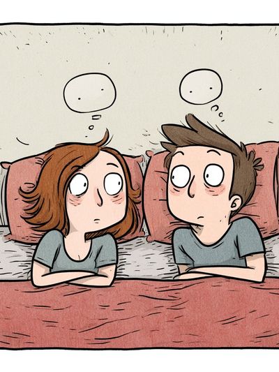 Awkward Couple Bedtime Cartoon Poster. poster