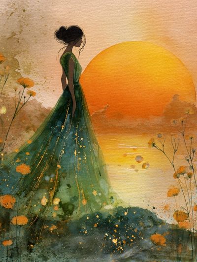 Sunset Woman Watercolor Print. poster