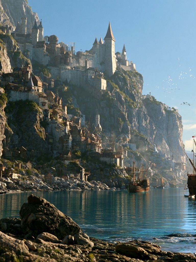 Cliffside Castle Harbor Fantasy Print. poster — illustration art