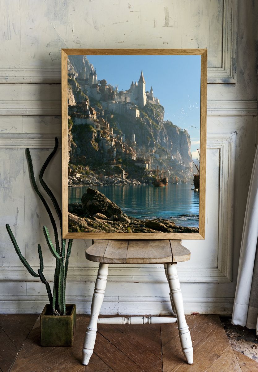 Cliffside Castle Harbor Fantasy Print. — room view 1