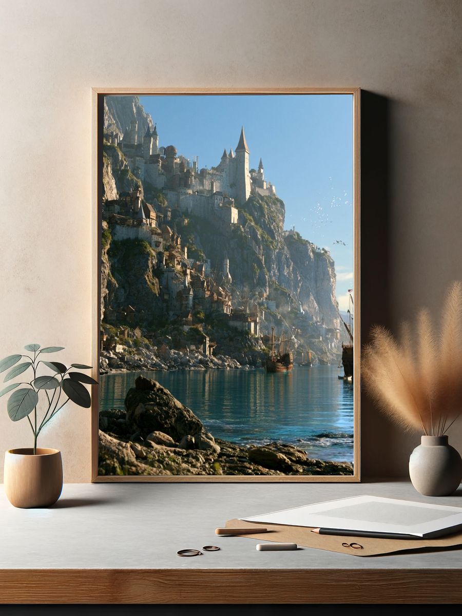 Cliffside Castle Harbor Fantasy Print. — room view 2