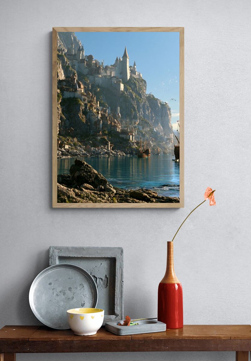 Cliffside Castle Harbor Fantasy Print. — room view 3
