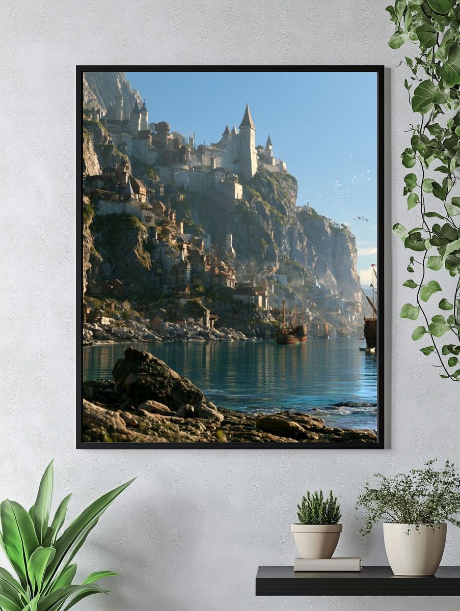 Cliffside Castle Harbor Fantasy Print. — room view 4