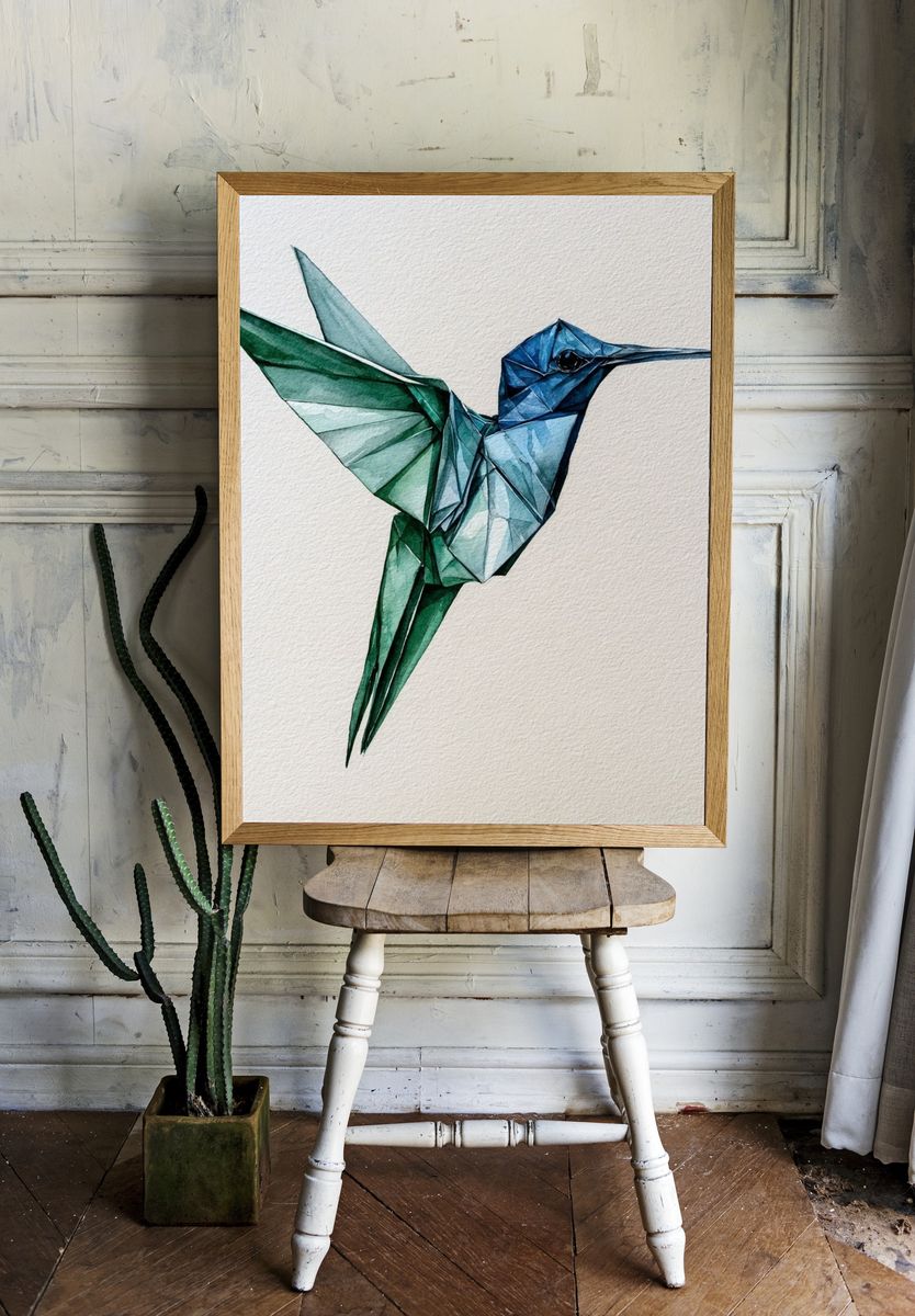Origami Hummingbird Illustration Poster. — room view 1