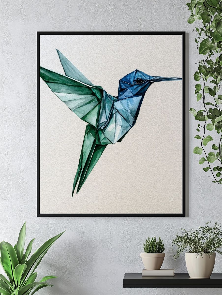 Origami Hummingbird Illustration Poster. — room view 4