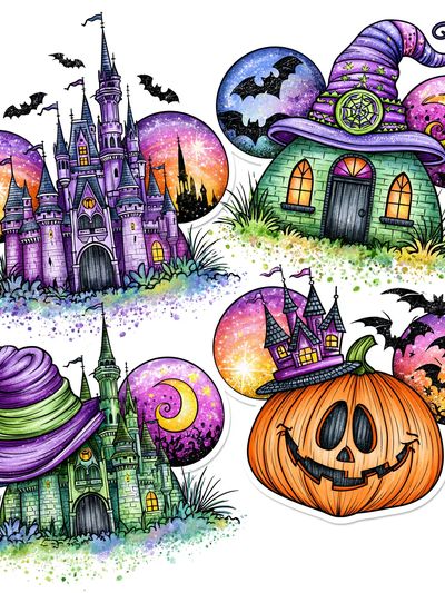 Halloween Witch Houses Illustration Poster.