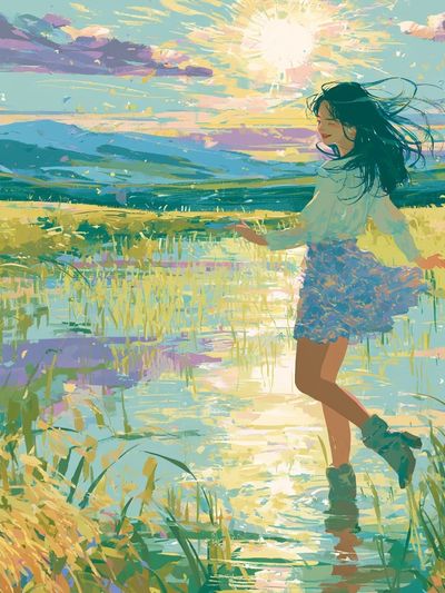 Sunlit Meadow Girl Illustration Poster. poster