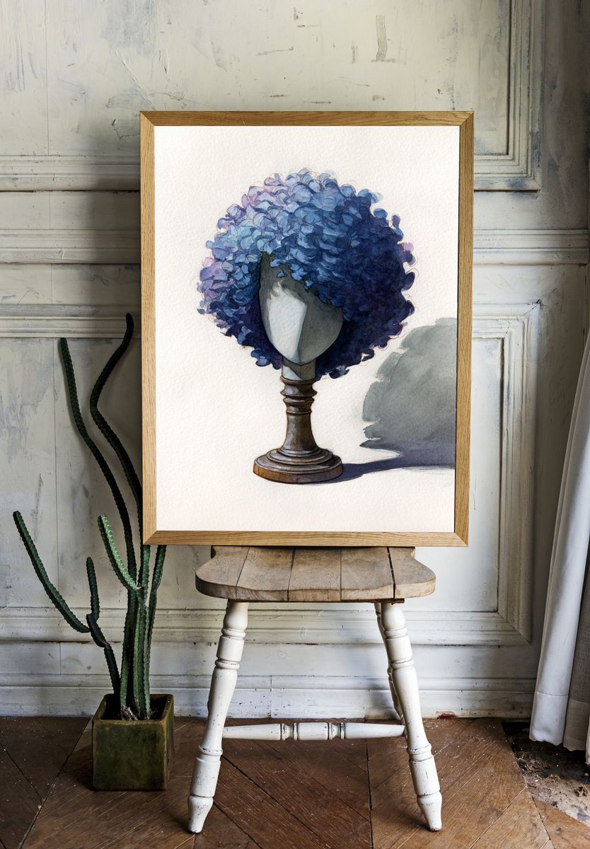 Blue Curly Wig Watercolor Print. room preview