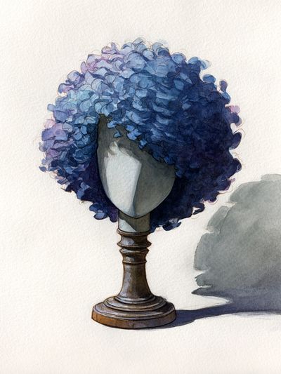 Blue Curly Wig Watercolor Print. poster print
