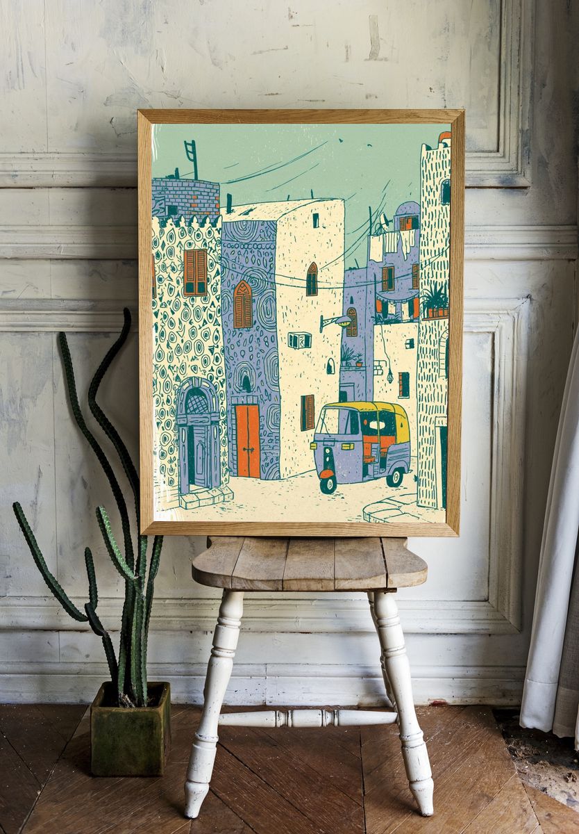 Mediterranean Street Scene Illustration Poster. — room view 1