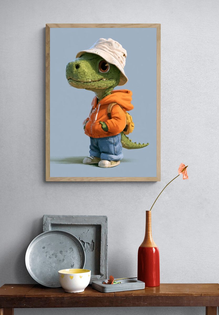 Cute Dino Bucket Hat Illustration Poster. — room view 3