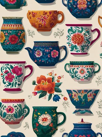 Floral Teacups Pattern Illustration Poster.