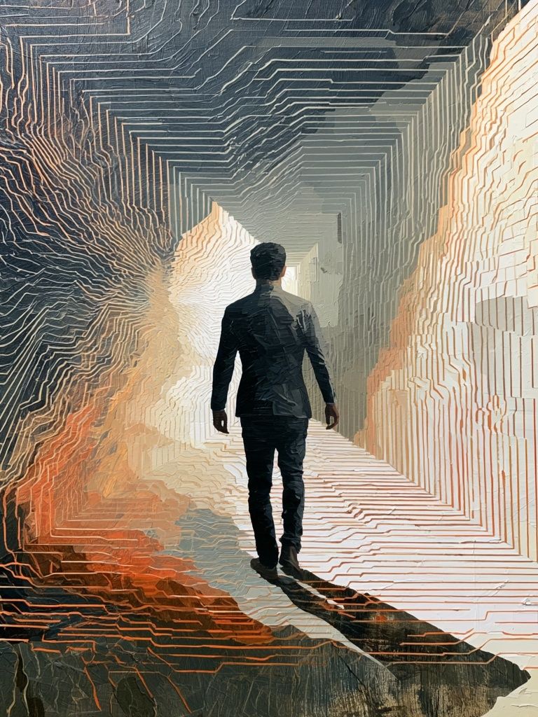 Solitary Figure in Neon Tunnel Print. poster — illustration art