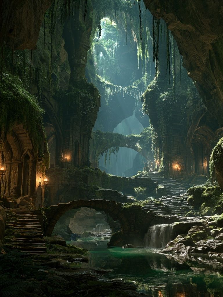 Enchanted Cave Ruins Fantasy Print. poster — illustration art