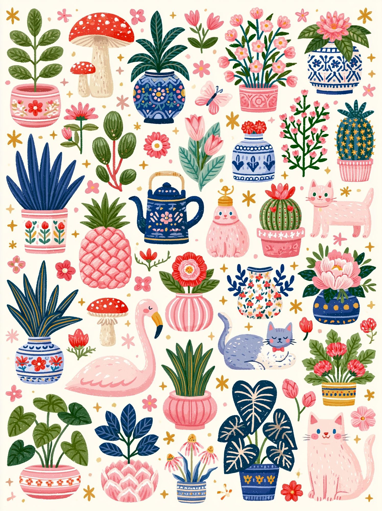 Whimsical Botanical Cats Poster. poster detail