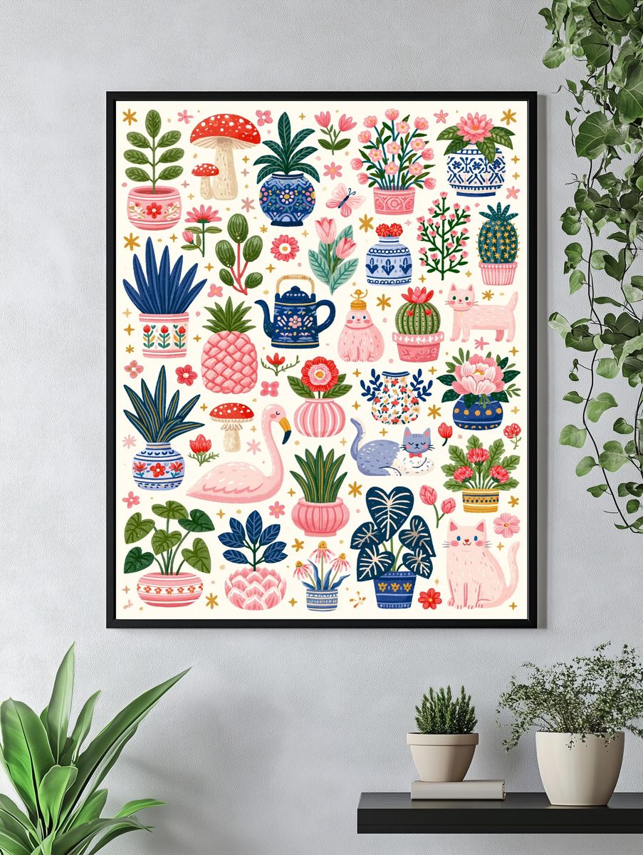 Whimsical Botanical Cats Poster. — room view 4
