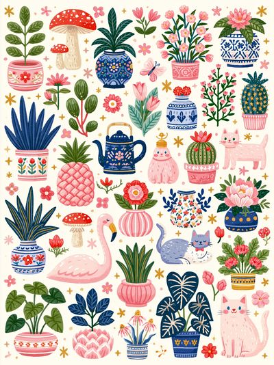 Whimsical Botanical Cats Poster. poster
