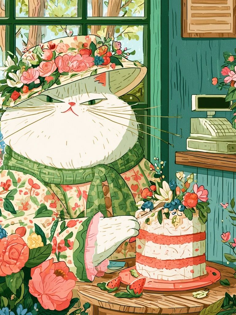 Floral Cat Tea Party Illustration Poster. poster — illustration art
