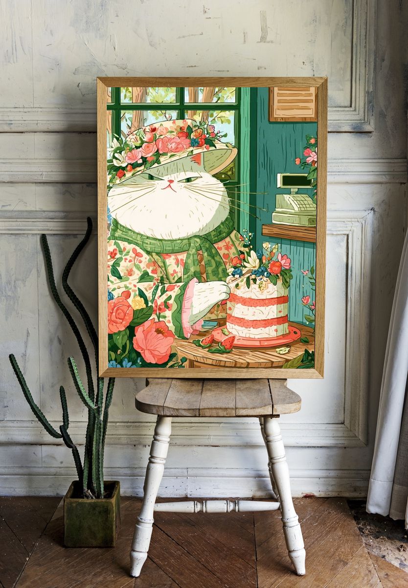 Floral Cat Tea Party Illustration Poster. — room view 1