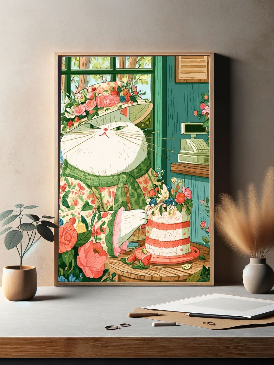 Floral Cat Tea Party Illustration Poster. — room view 2