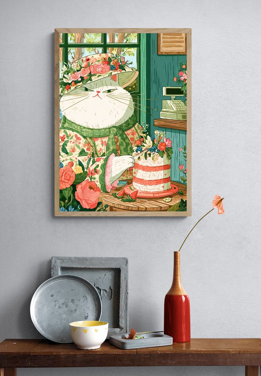 Floral Cat Tea Party Illustration Poster. — room view 3