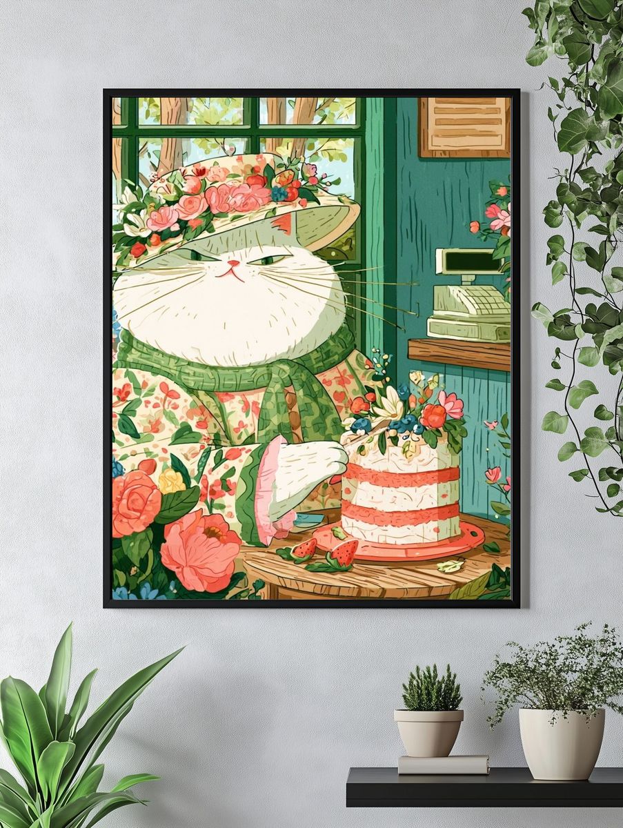 Floral Cat Tea Party Illustration Poster. — room view 4