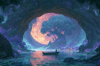 Moonlit Forest Lake Digital-Art Poster.
