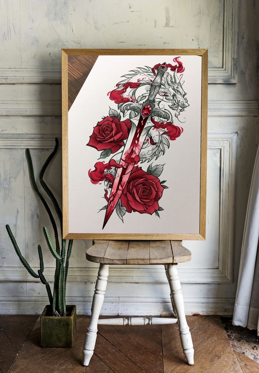 Crimson Sword and Roses Illustration Poster. — room view 1