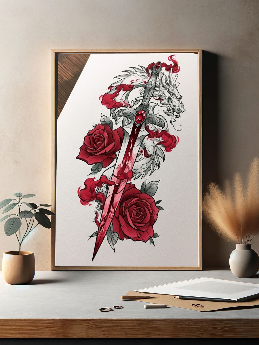 Crimson Sword and Roses Illustration Poster. — room view 2