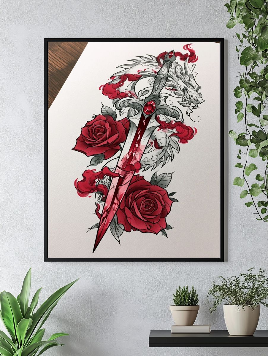 Crimson Sword and Roses Illustration Poster. — room view 4