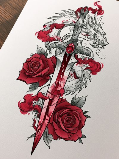 Crimson Sword and Roses Illustration Poster. poster