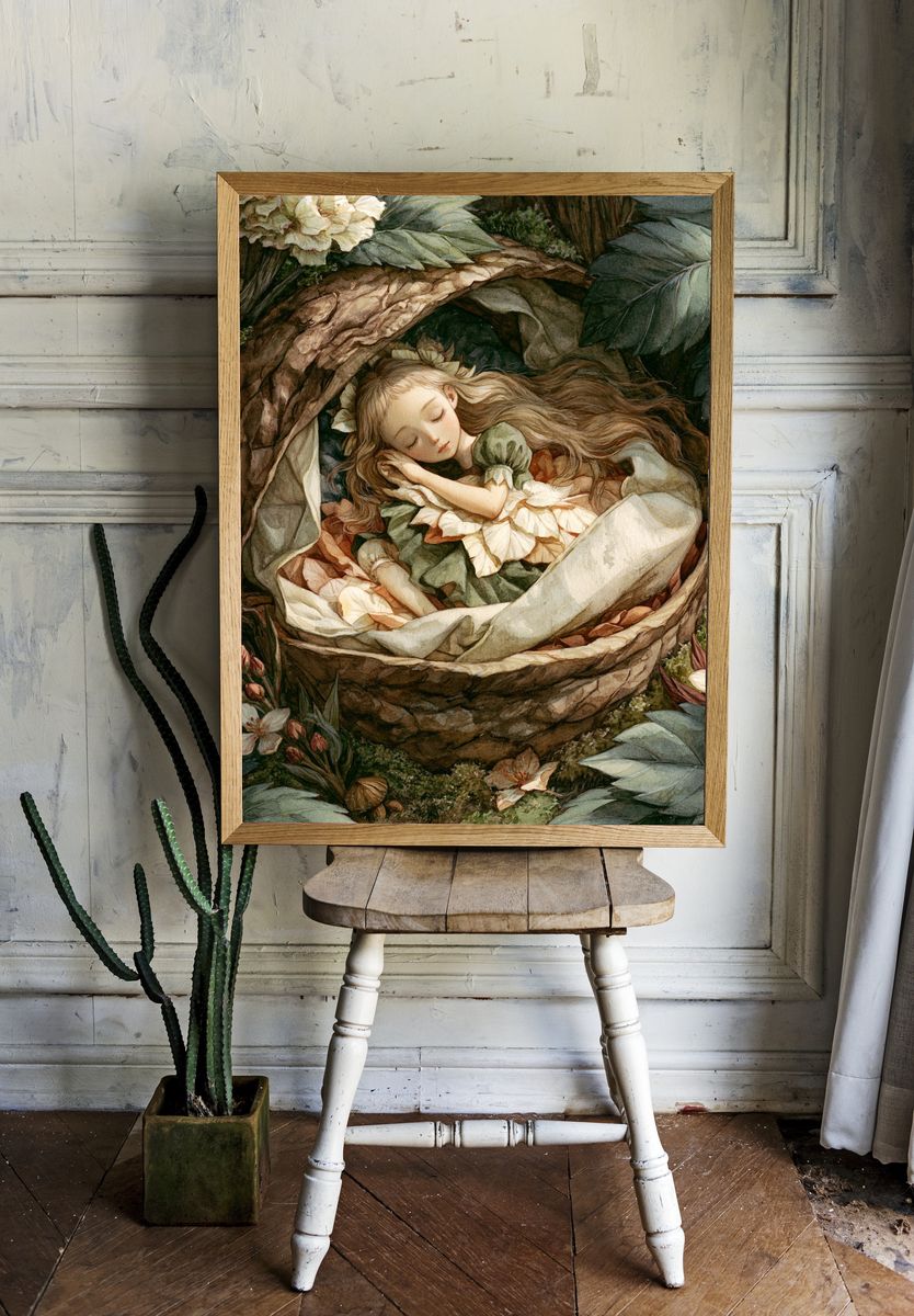 Sleeping Forest Girl Watercolor Print. room preview