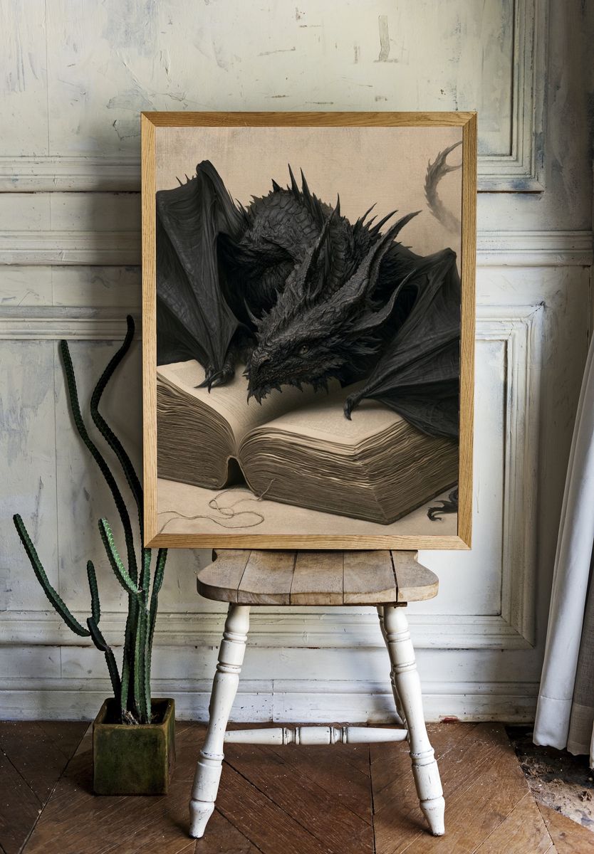 Dragon on Ancient Book Illustration Poster. — room view 1