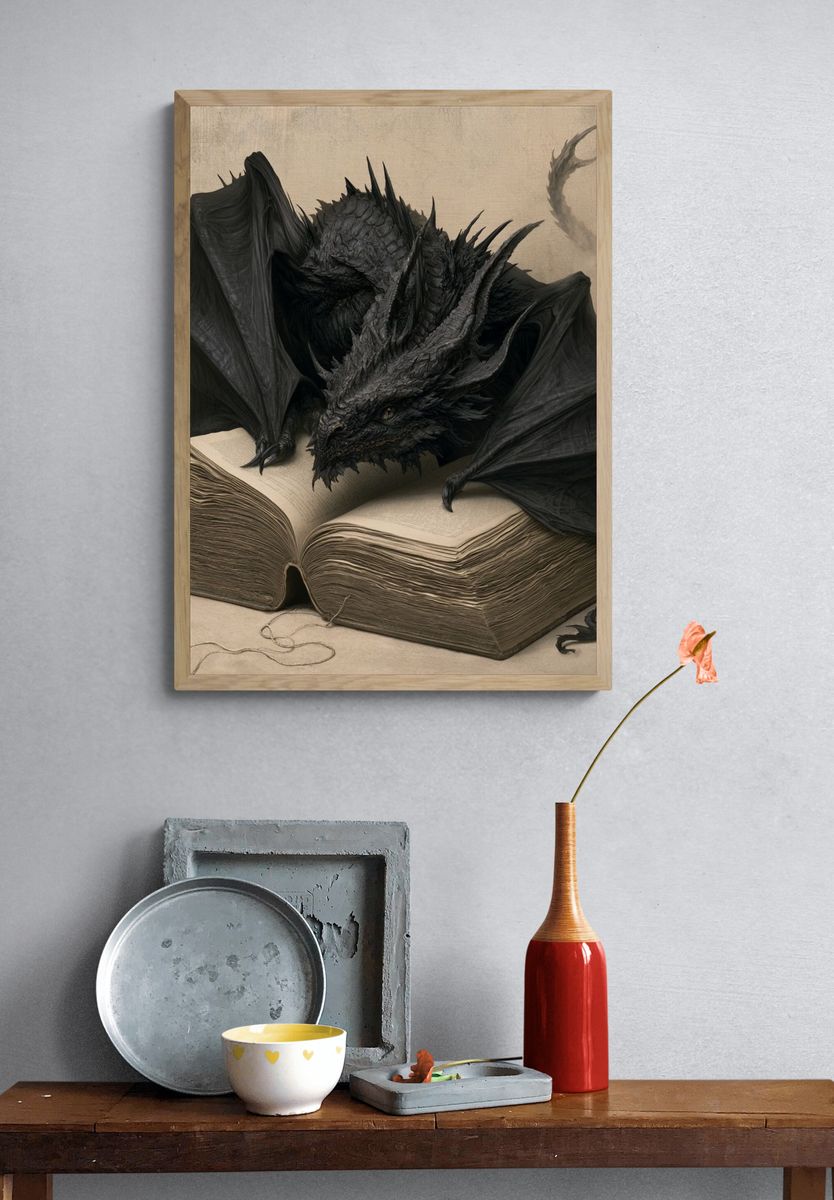 Dragon on Ancient Book Illustration Poster. — room view 3
