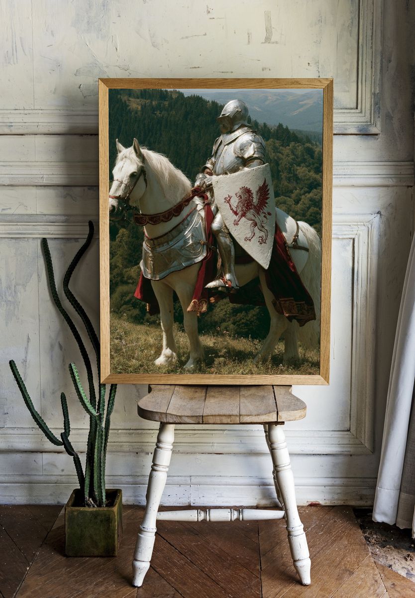 Armored Knight on White Horse Print. room preview
