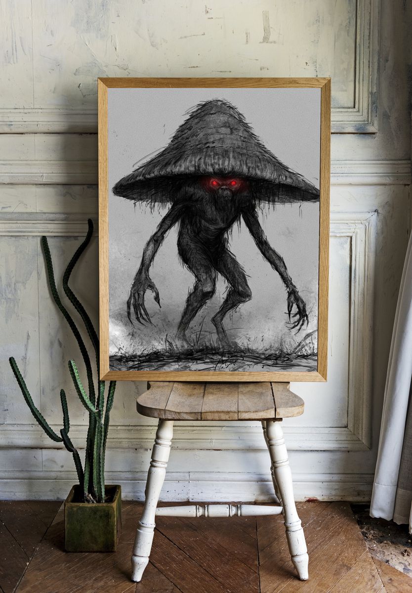 Creepy Mushroom Creature Print. room preview
