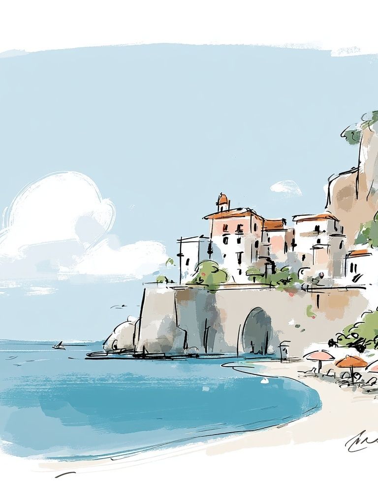 Coastal Village Watercolor Print. poster detail