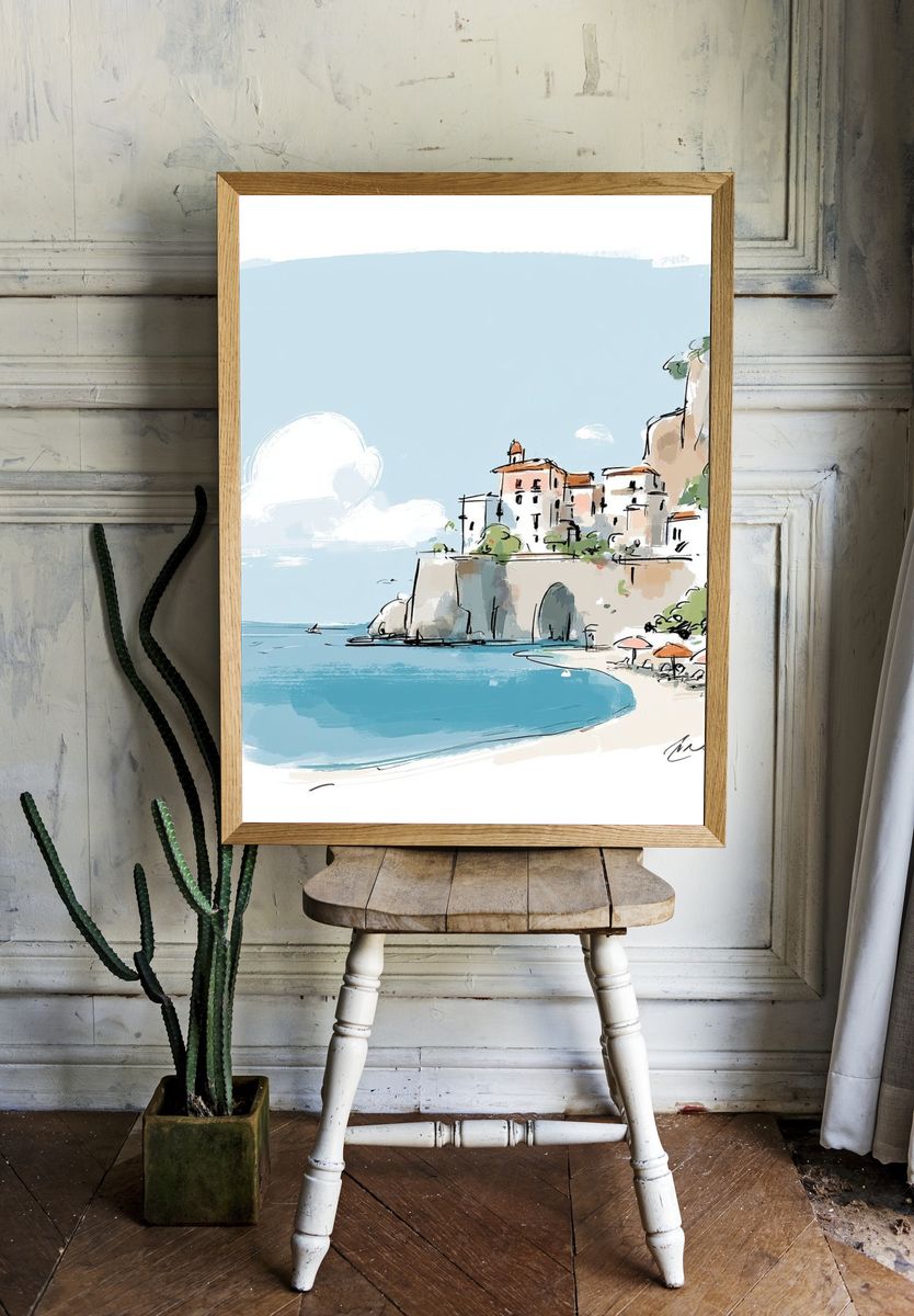 Coastal Village Watercolor Print. room preview