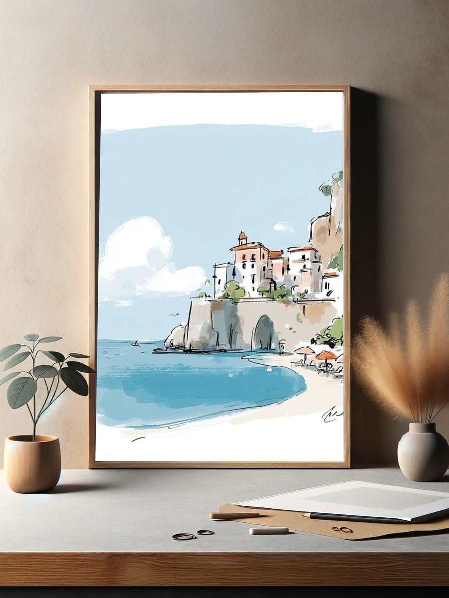 Coastal Village Watercolor Print. — room view 2