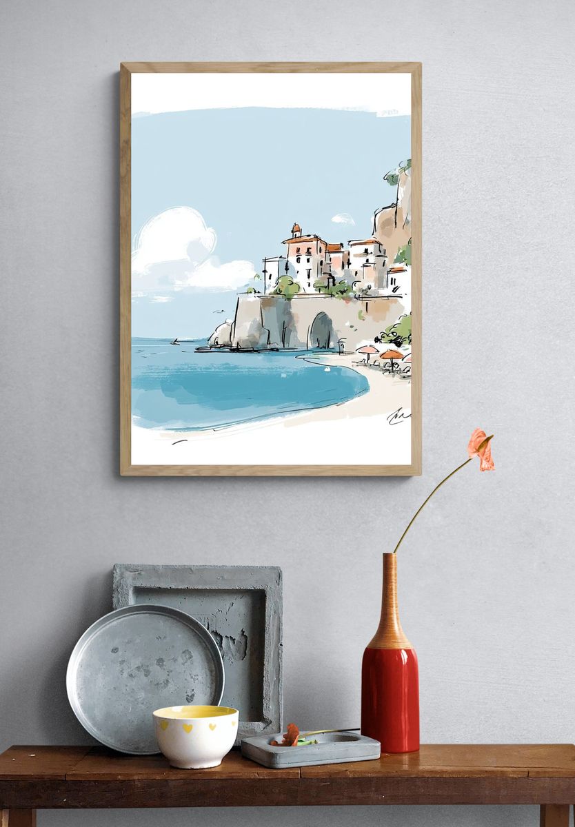 Coastal Village Watercolor Print. — room view 3