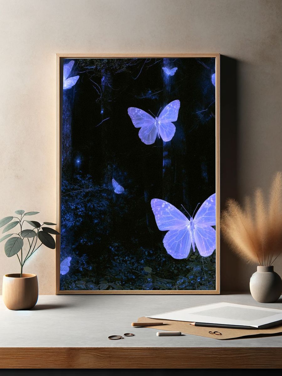 Glowing Butterflies in Forest Print. — room view 2