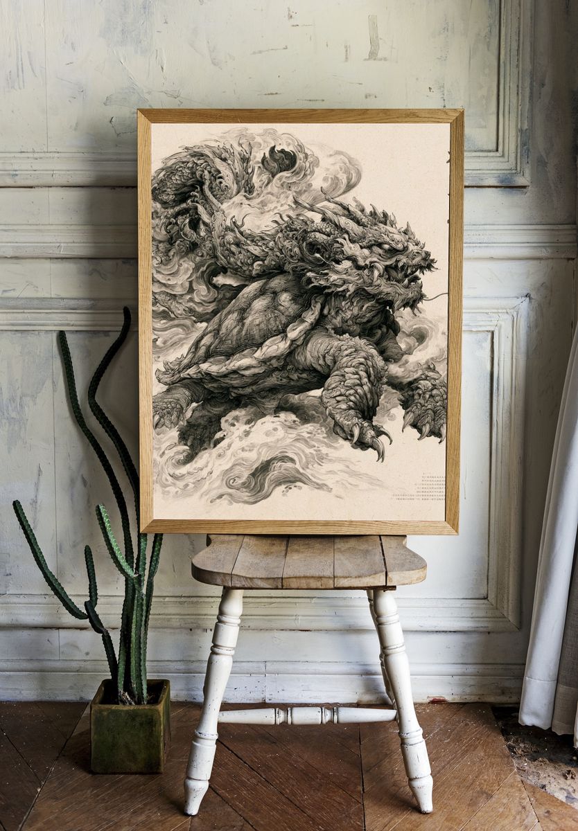 Dragon Turtle Ink Illustration Poster. — room view 1