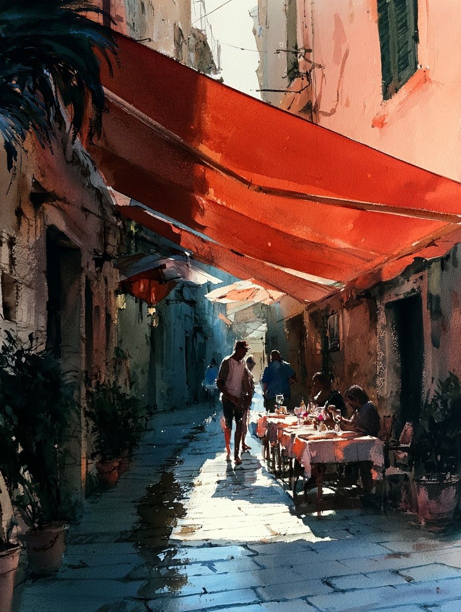 Sunlit Alley Cafe Watercolor Print. poster — illustration art
