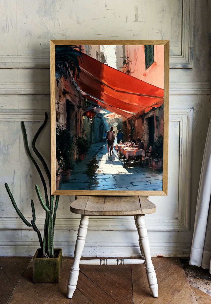 Sunlit Alley Cafe Watercolor Print. — room view 1