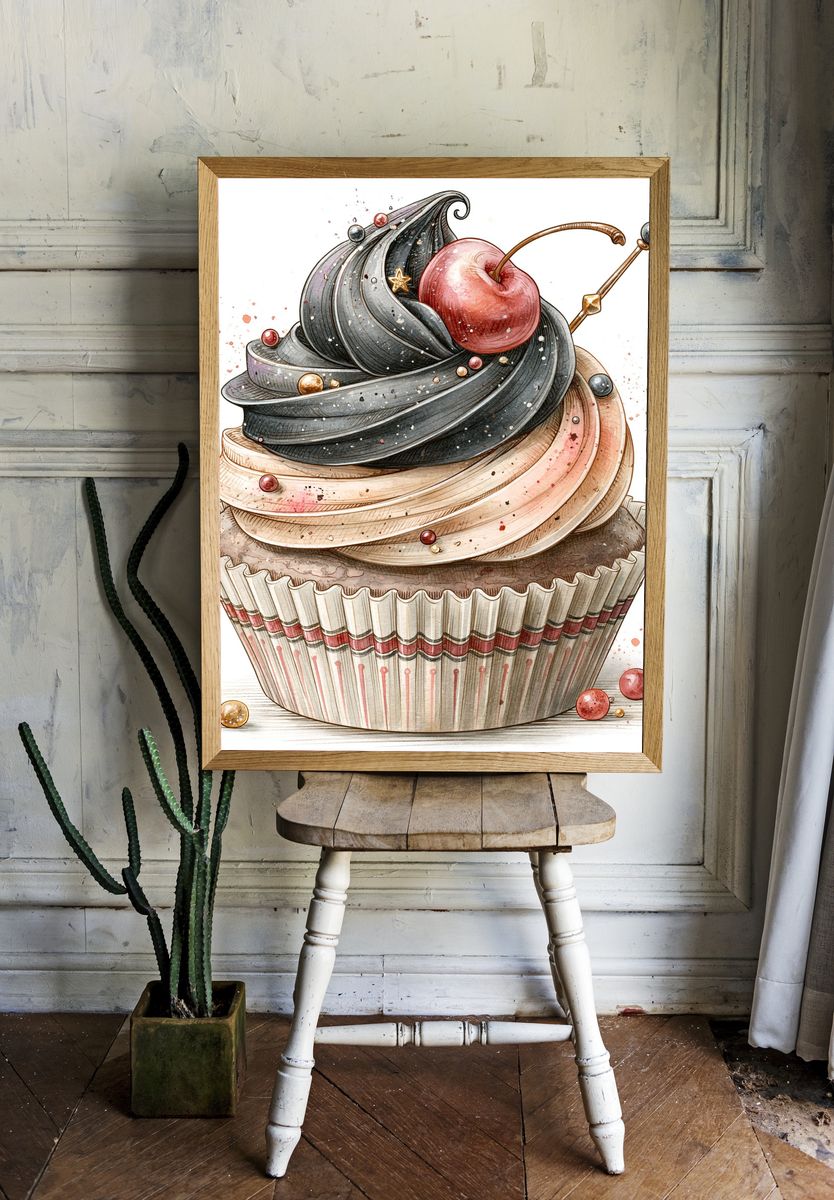 Cherry Cupcake Watercolor Print. room preview