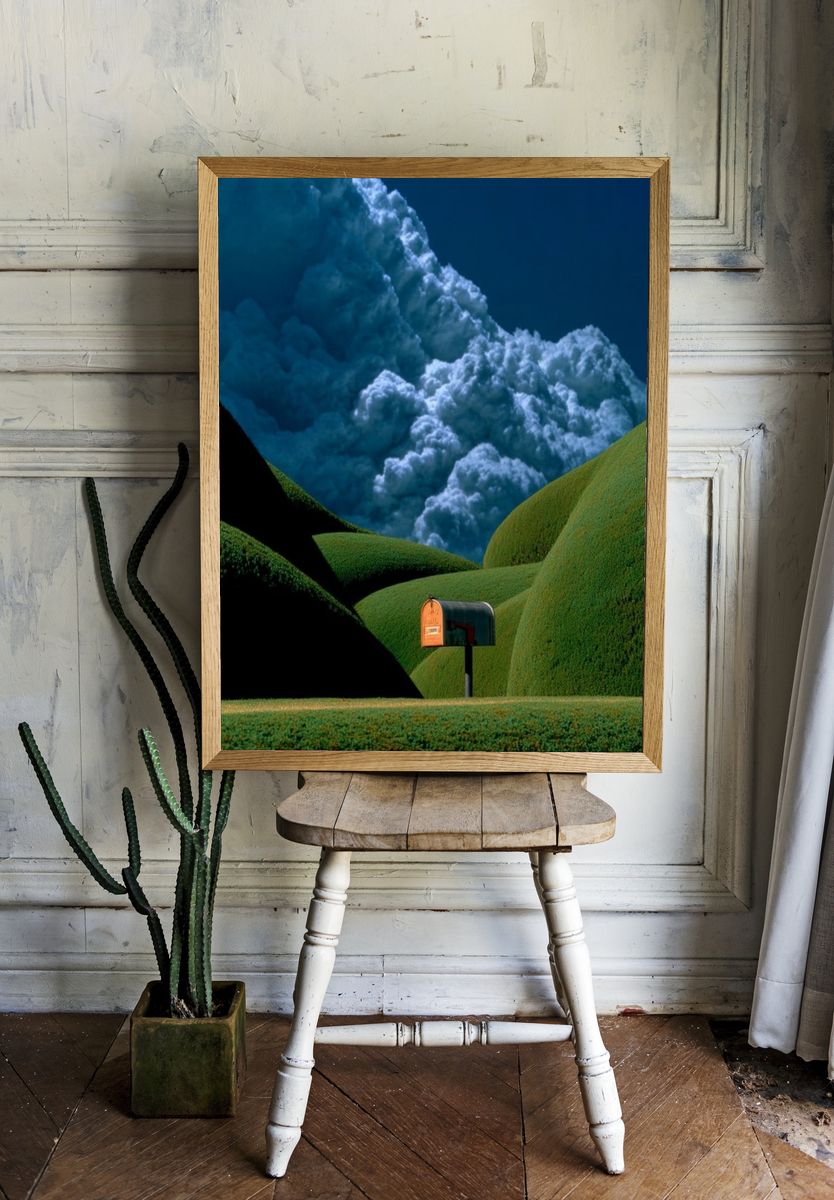 Surreal Hillside Mailbox Print. room preview