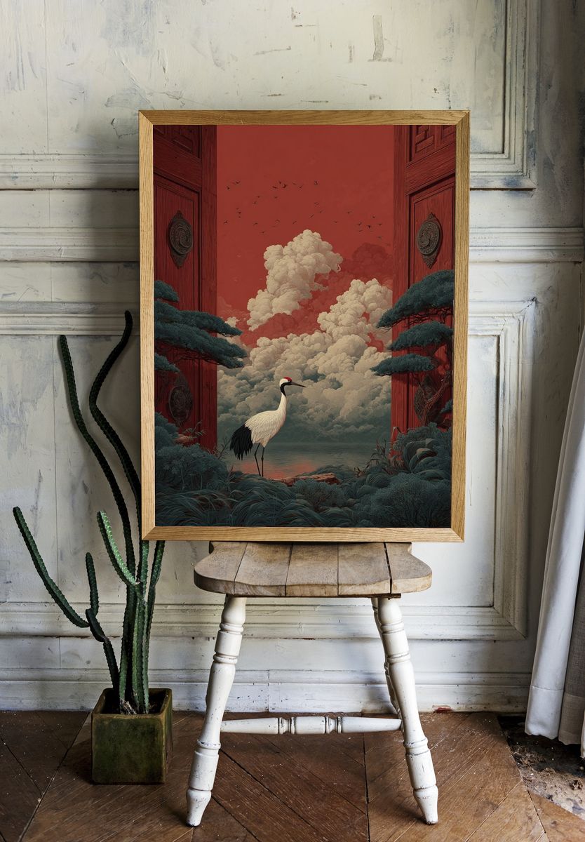 Crane at the Red Gate Illustration Poster. — room view 1