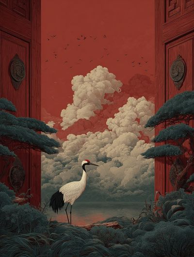 Crane at the Red Gate Illustration Poster. poster