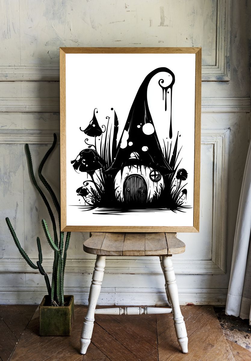 Whimsical Mushroom House Illustration Poster. — room view 1